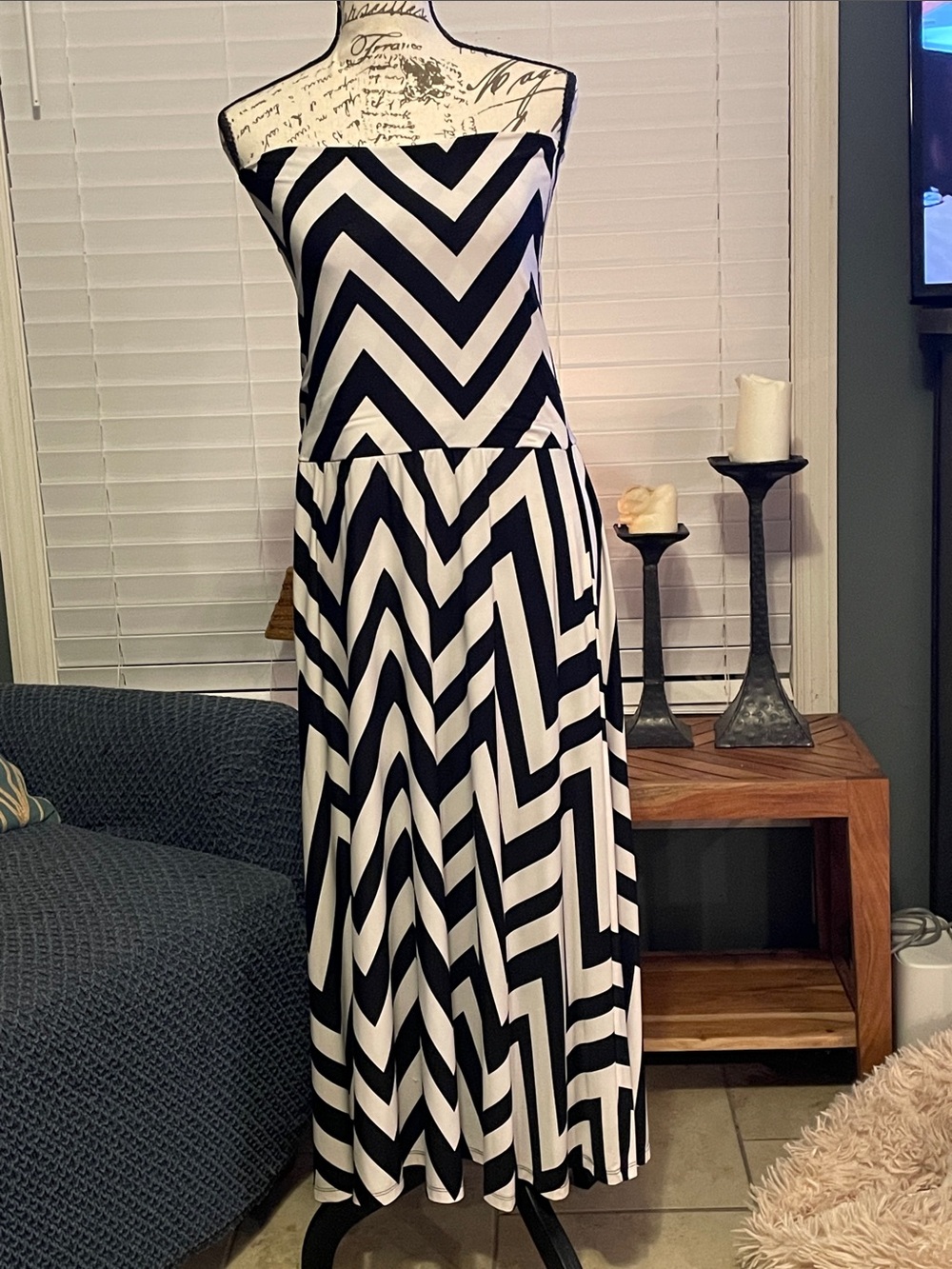 INC International Concepts Black & White Strapless Chevron Maxi Dress
